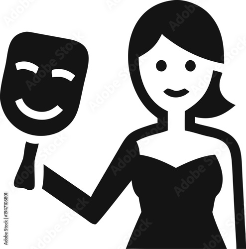 Smiling woman holds a happy theatrical mask on a stick ready for performance