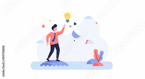 Businessman reaches for glowing lightbulb, symbolizing innovation and discovery