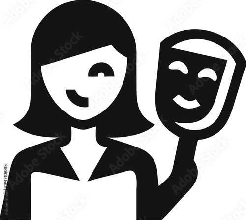 Smiling woman holds a happy theatrical mask close to her face for an expressive presentation