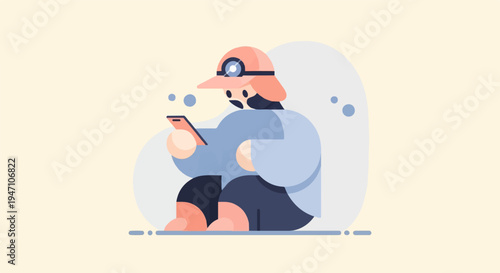 Stylized figure in mining gear with headlamp, looking at phone
