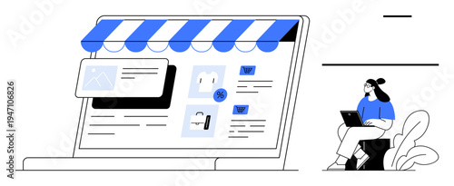 E-commerce concept. E-commerce interface showing online shopping elements on a laptop screen. E-commerce connecting digital stores to consumers. For retail, shopping, digital business, sales