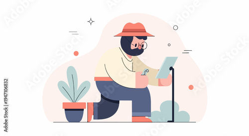 Bearded man in hat kneels with tablet and cane in stylized outdoor setting