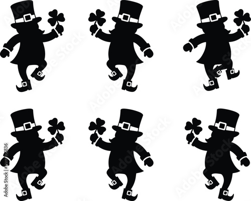 St Patrick's Day leprechaun silhouette set holding shamrock clover dancing Irish holiday mascot black vector illustration collection isolated