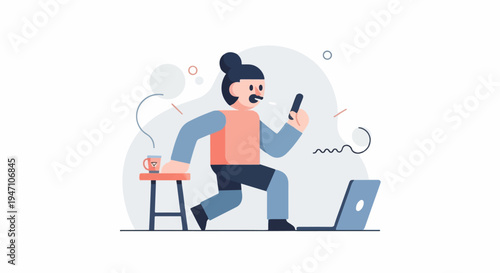 A person on a stool with a phone and laptop, enjoying coffee in a stylized setting