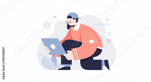 Bearded man in cap and glasses crouches with laptop, surrounded by abstract shapes