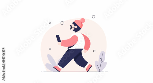 A person in a beanie and glasses walks while holding a phone