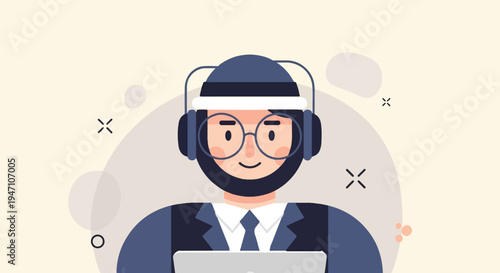 A smiling man in a suit and headset uses a laptop