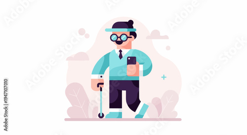 Stylized man in glasses with cane and phone walks past pink leaves