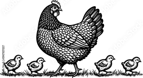Vintage engraving style vector illustration of a mother hen walking with her four small chicks on grass over white background.