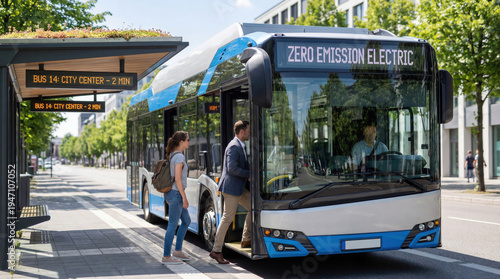 Passengers boarding zero emission electric bus in green city, showcasing clean and modern public transport future