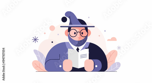 Stylized person in hat and glasses reads a book, surrounded by abstract elements