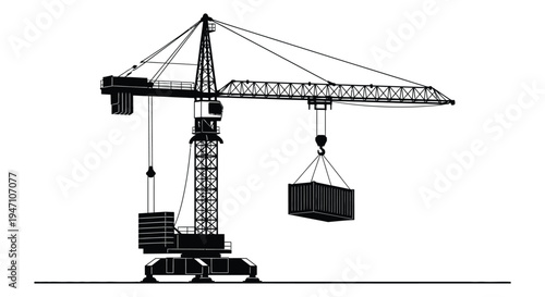 Black and white illustration of a construction crane lifting a shipping container
