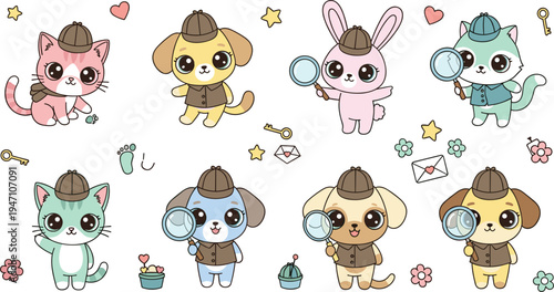Tableau sur toile Adorable Detective Animals – Kittens, Puppies, and Bunnies with Magnifying Glass