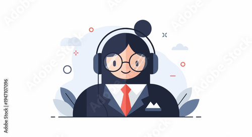 Stylized person with headphones and glasses, wearing a suit and tie