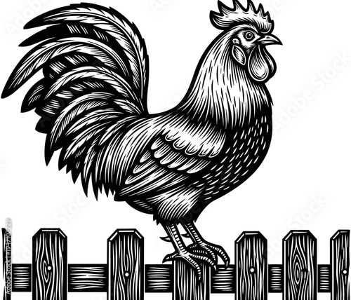 Proud rooster standing on a wooden fence vintage woodcut engraved style vector illustration for organic farm branding and rural agriculture.