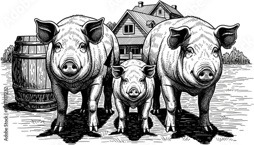 Family of pigs standing in front of farmhouse vintage woodcut engraved style vector illustration for organic pork farm and agriculture.