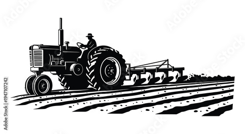Vintage tractor plowing a field black and white illustration with a farmer driving