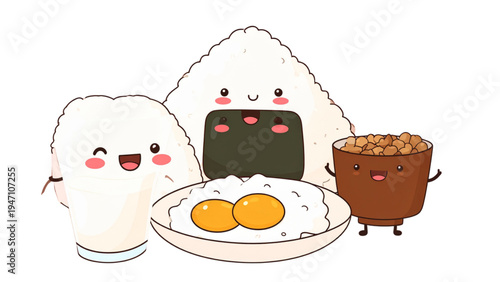 Collection of cute japanese breakfast food characters including onigiri rice ball toast fried egg milk and natto in kawaii style illustration
