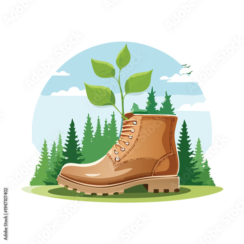 Boot with growing plant environmental concept in forest setting