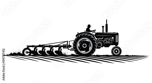 Vintage tractor plowing a field black and white illustrative style