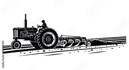 Vintage tractor plowing a field depicted in a striking black and white illustration