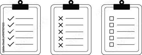 Three Clipboards with Checkmarks Crosses and Boxes