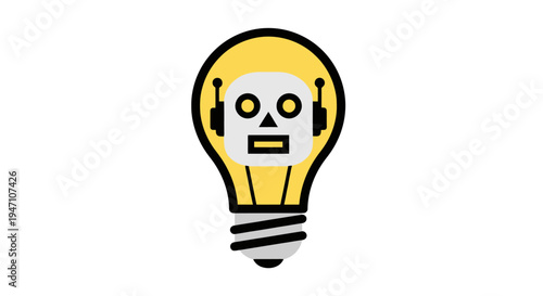 A robot with headphones sits inside a yellow light bulb illustration.