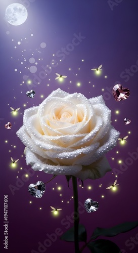 Mystical White Rose With Crystal Hearts And Glowing Fireflies On A Deep Purple Lavender Moonlight Background