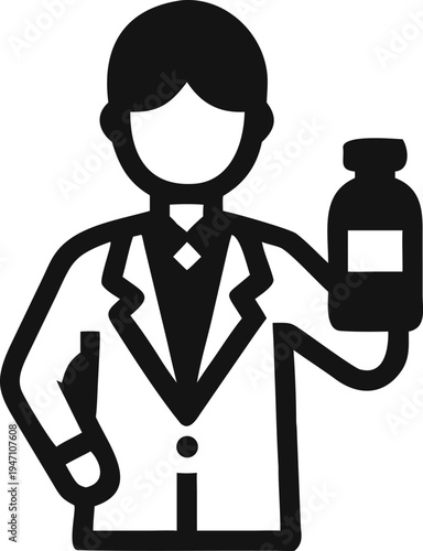 Skilled Pharmacist or Doctor Icon Holding a Prescription Medicine Bottle Line Art