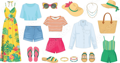 Complete summer wardrobe illustration featuring floral maxi dress, crop top, striped t-shirt, denim shorts, sun hats, sandals, flip-flops, sunglasses, handbags, and tropical vacation accessories