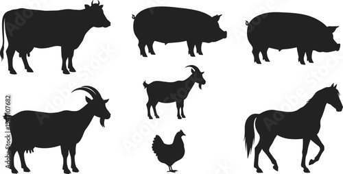 Farm animal silhouette illustration featuring cow, pigs, goats, chicken, and horse, simple rural agriculture design for education, animal husbandry, and countryside themes