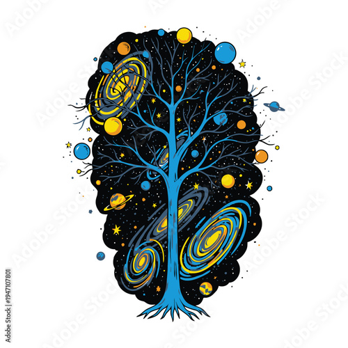 Tree of life with galaxies and planets in space