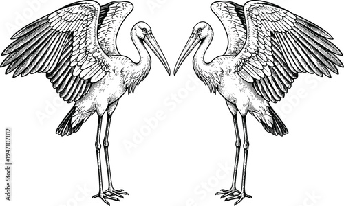 Vintage crane bird engraving illustration pair with spread wings detailed wildlife line art symmetrical vector design isolated