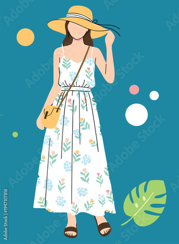 Stylish summer fashion illustration featuring white floral dress with blue and pink flowers, straw hat, sandals, and yellow crossbody bag, tropical lifestyle vacation outfit design