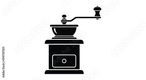 Black silhouette of a vintage hand crank coffee grinder isolated on a white background