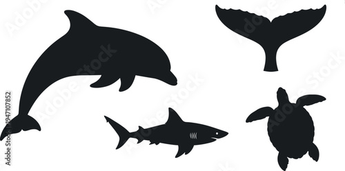 Stylized black silhouettes of dolphin, shark, sea turtle, and whale tail, simple marine life illustration design for ocean education, wildlife graphics, and aquatic themes