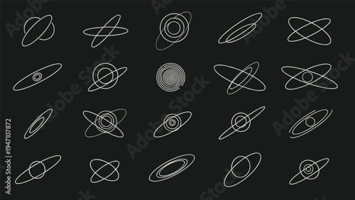 Set of various hand drawn planet icons with orbital rings in a chalk style on a dark textured black background for astronomy.
