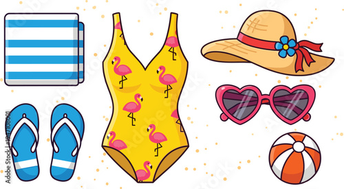 Tropical beach essentials flat lay illustration featuring striped towel, flip-flops, flamingo swimsuit, straw hat, sunglasses, and beach ball, perfect summer vacation accessories collection
