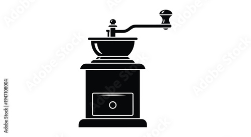 Black and white illustration of a vintage coffee grinder with a wooden handle