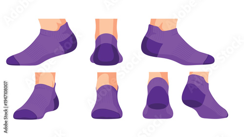 Multiple views of human feet wearing purple low cut ankle socks shown from different angles for product display purposes.