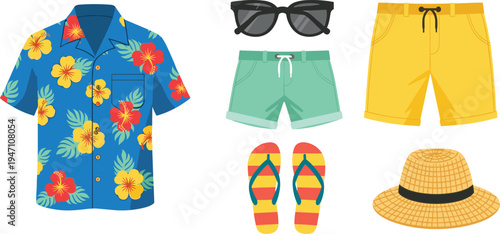 Tropical beachwear illustration featuring Hawaiian floral shirt, shorts, straw hat, striped flip-flops, and sunglasses, casual summer vacation outfit design for warm weather