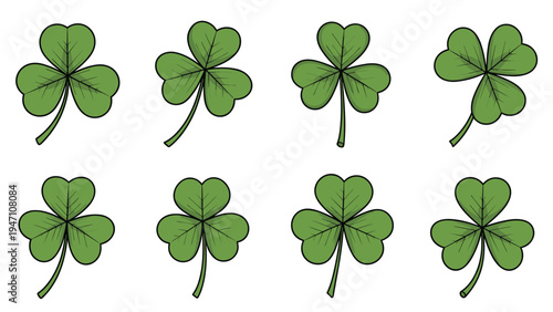 Set of eight green three leaf shamrock clovers representing luck and Irish heritage for St Patricks Day on a white background.