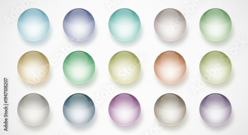 Collection of colorful translucent spheres arranged in rows.