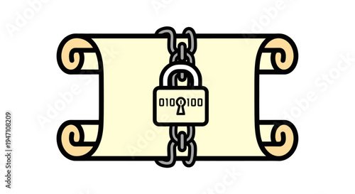 A digital illustration of a padlock secures a scroll with binary code, symbolizing cybersecurity and data protection.