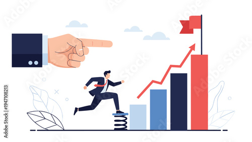 Businessman jumping on a spring to climb higher on a bar chart towards success guided by a large pointing hand.