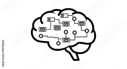 A digital illustration of a brain with circuit board connections and various technical components inside.