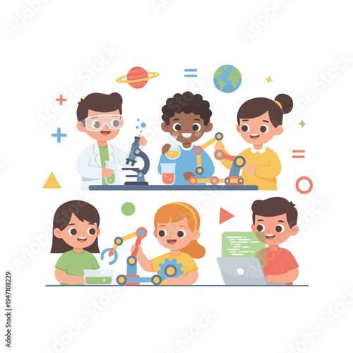 Diverse Group of Enthusiastic Children Exploring Science, Technology, Engineering, and Math (STEM) Concepts through Interactive Learning Activities and Robotics