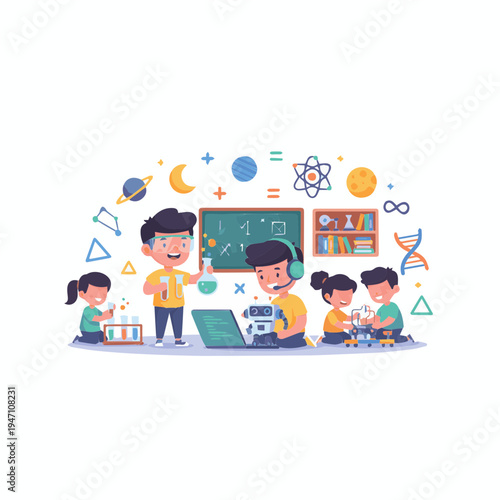 Joyful children passionately exploring the realms of science and technology, fostering curiosity and innovation through engaging educational activities