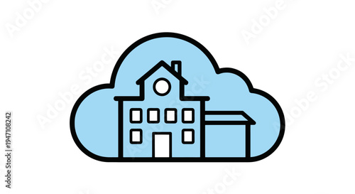 A building stands on a cloud with a house and a shed in a simple line drawing.