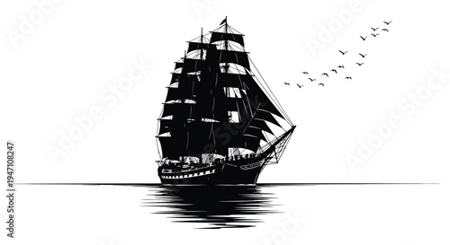 Black silhouette of a tall sailing ship with flying birds over water